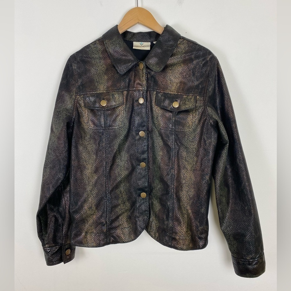 Erin London Faux Snakeskin Button Down Soft Jacket, Size XL, Black Reptile Prin